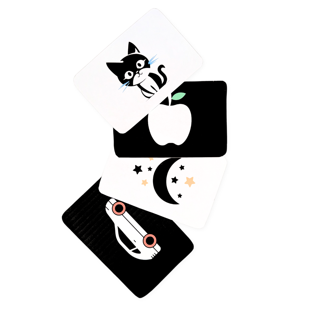 black and white high contrast cards from Little Giggler developmental toy subscription box